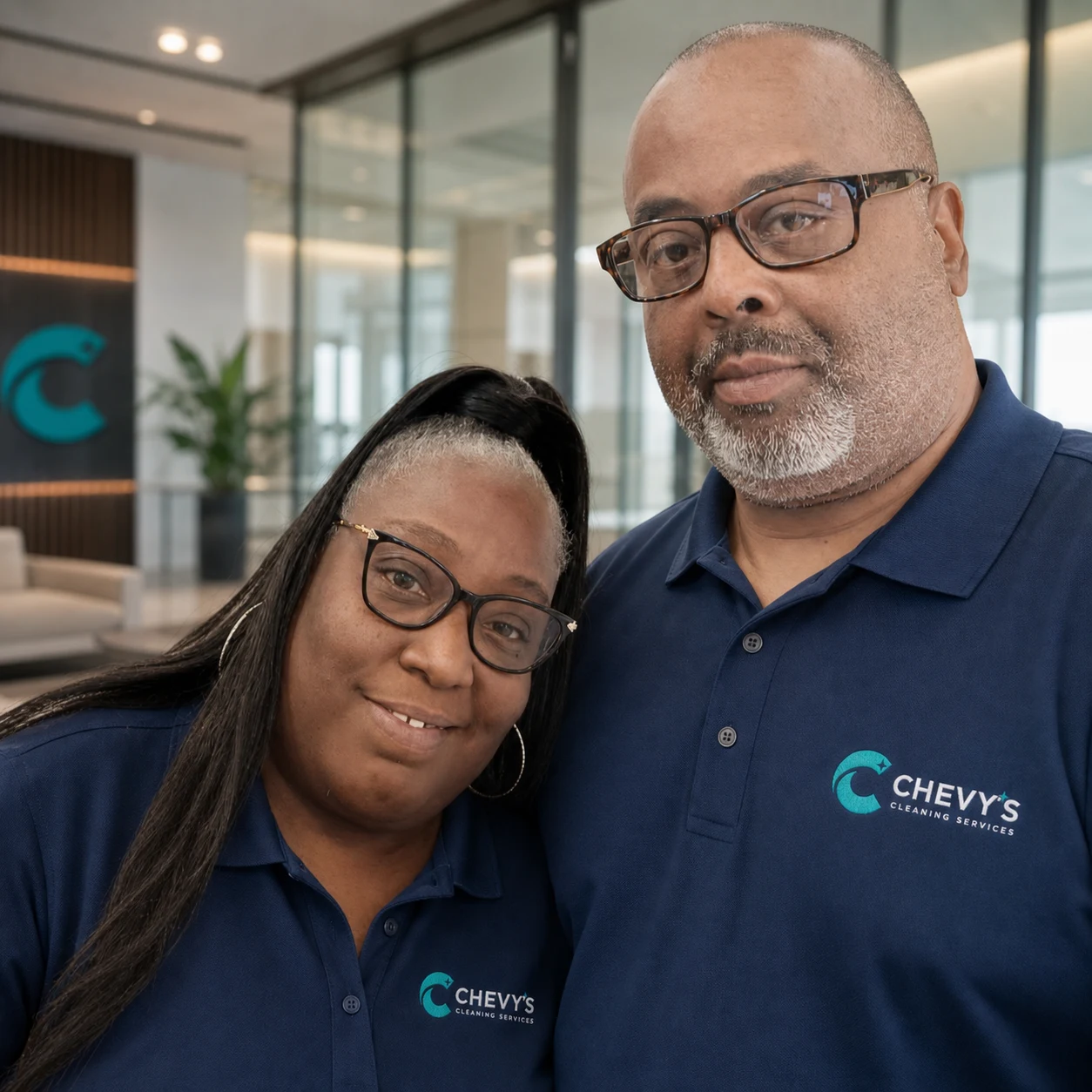 Ericka Smith-Stephens and a Chevy's Cleaning Services team member in branded uniforms