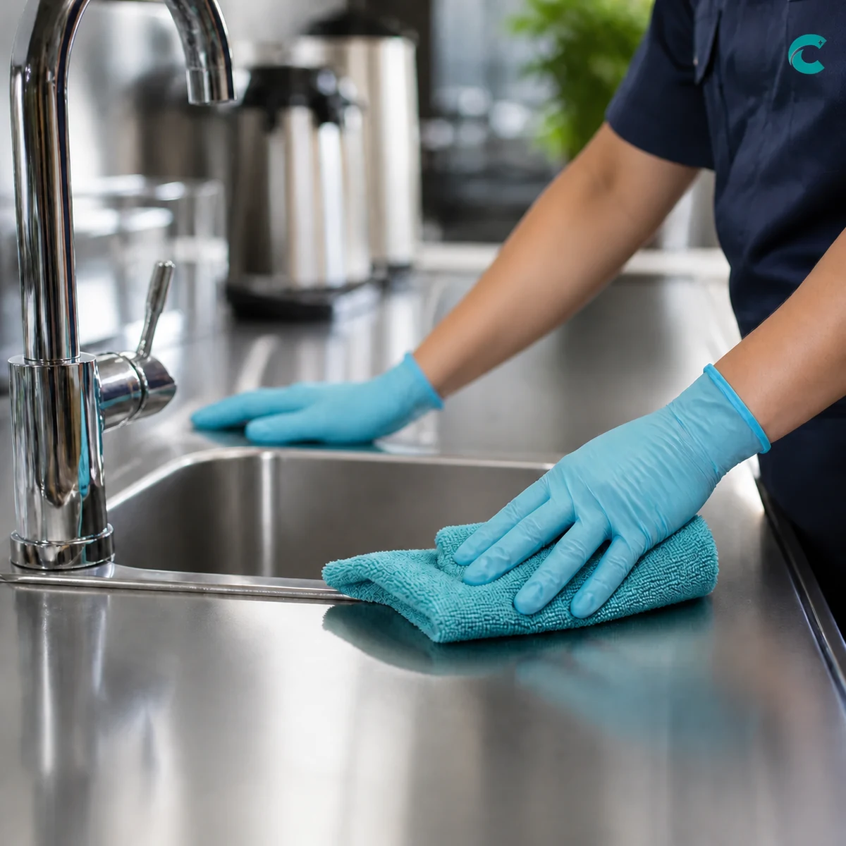 Chevy's cleaner detailing a stainless-steel breakroom counter