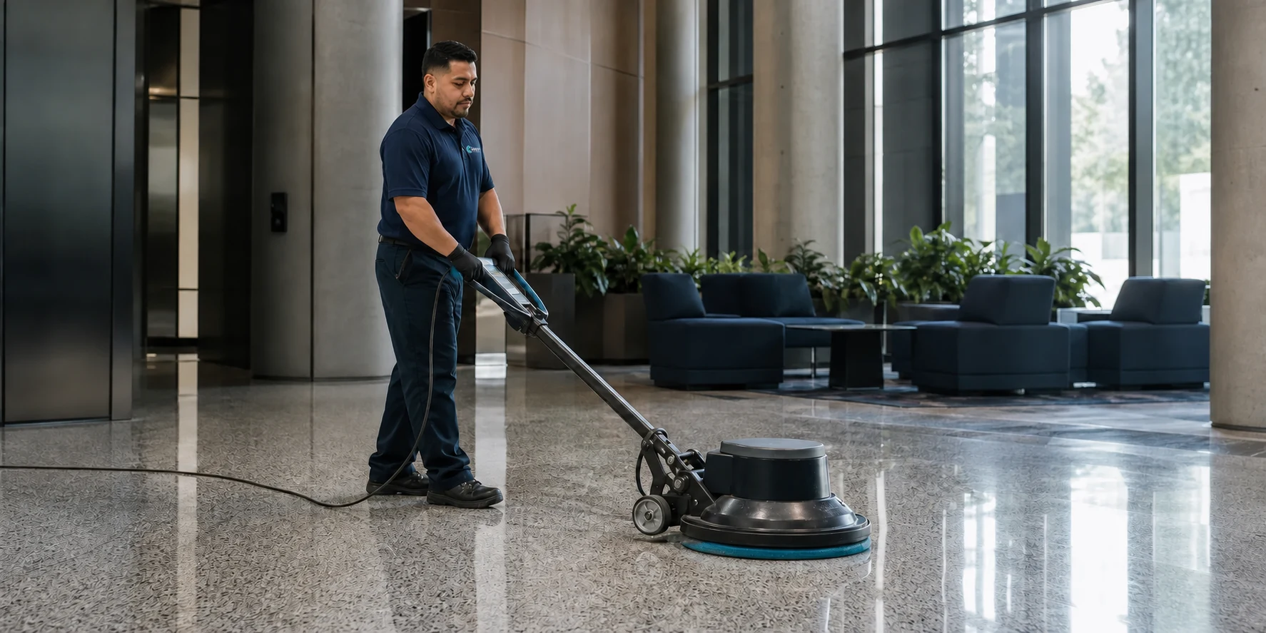 Chevy's cleaner polishing a terrazzo floor in an office lobby