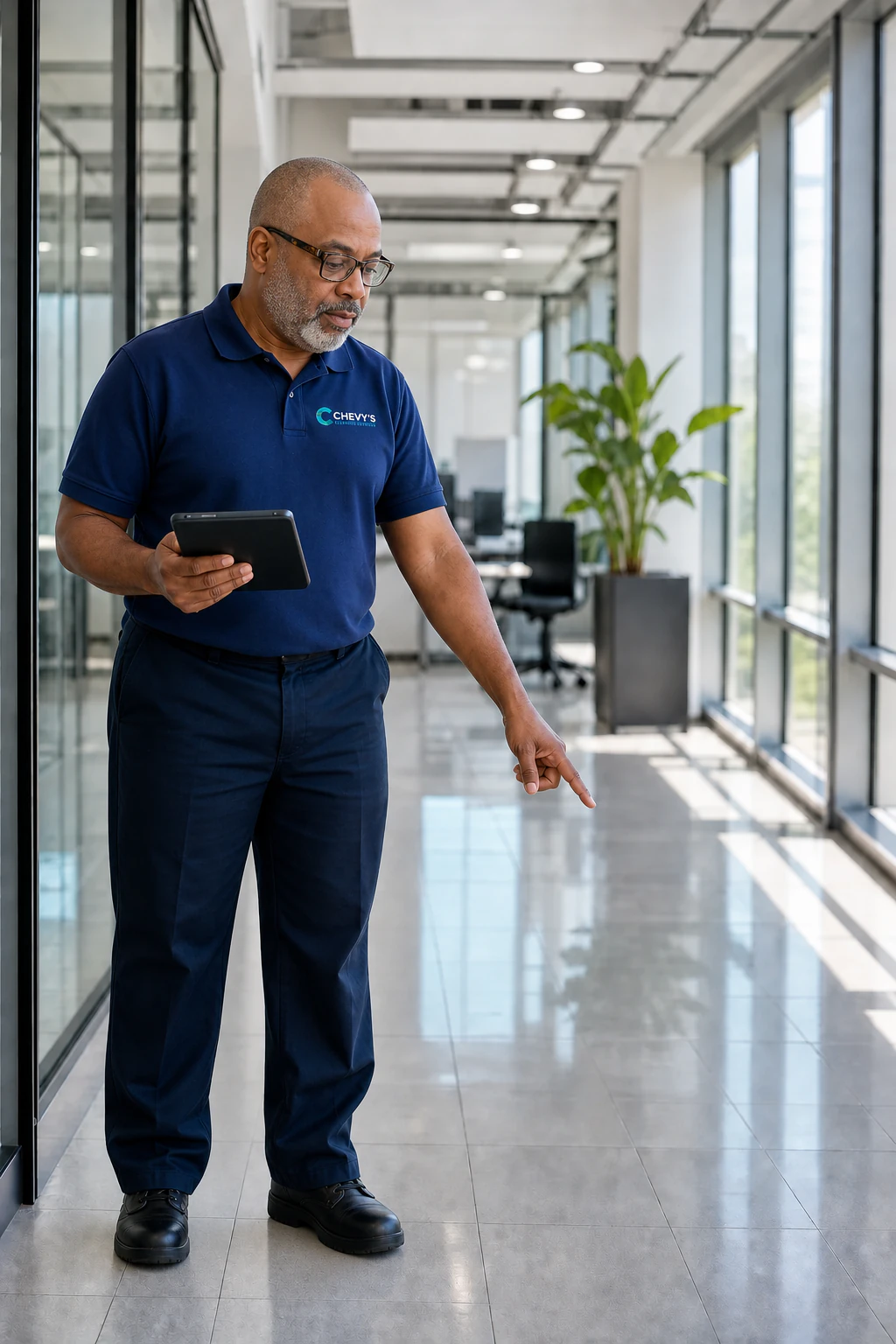 Reginald Stephens inspecting a finished floor with a tablet