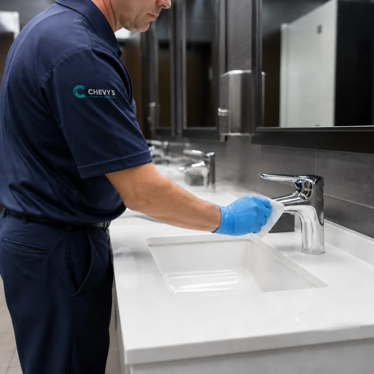 Chevy's cleaner sanitizing a workplace restroom fixture