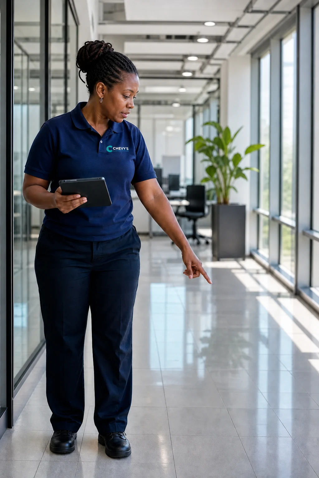 Chevy's supervisor inspecting a finished floor with a tablet